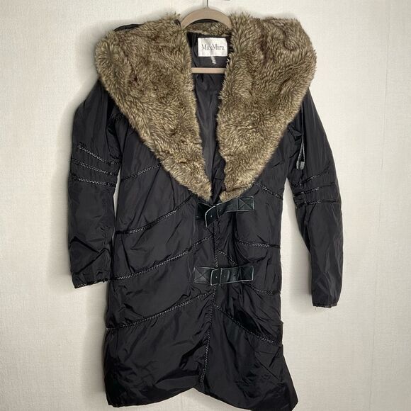 Auth Max Mara Parka Womens Medium Coat Down Black Puffer Fur Hood Leather Braids - Picture 4 of 10